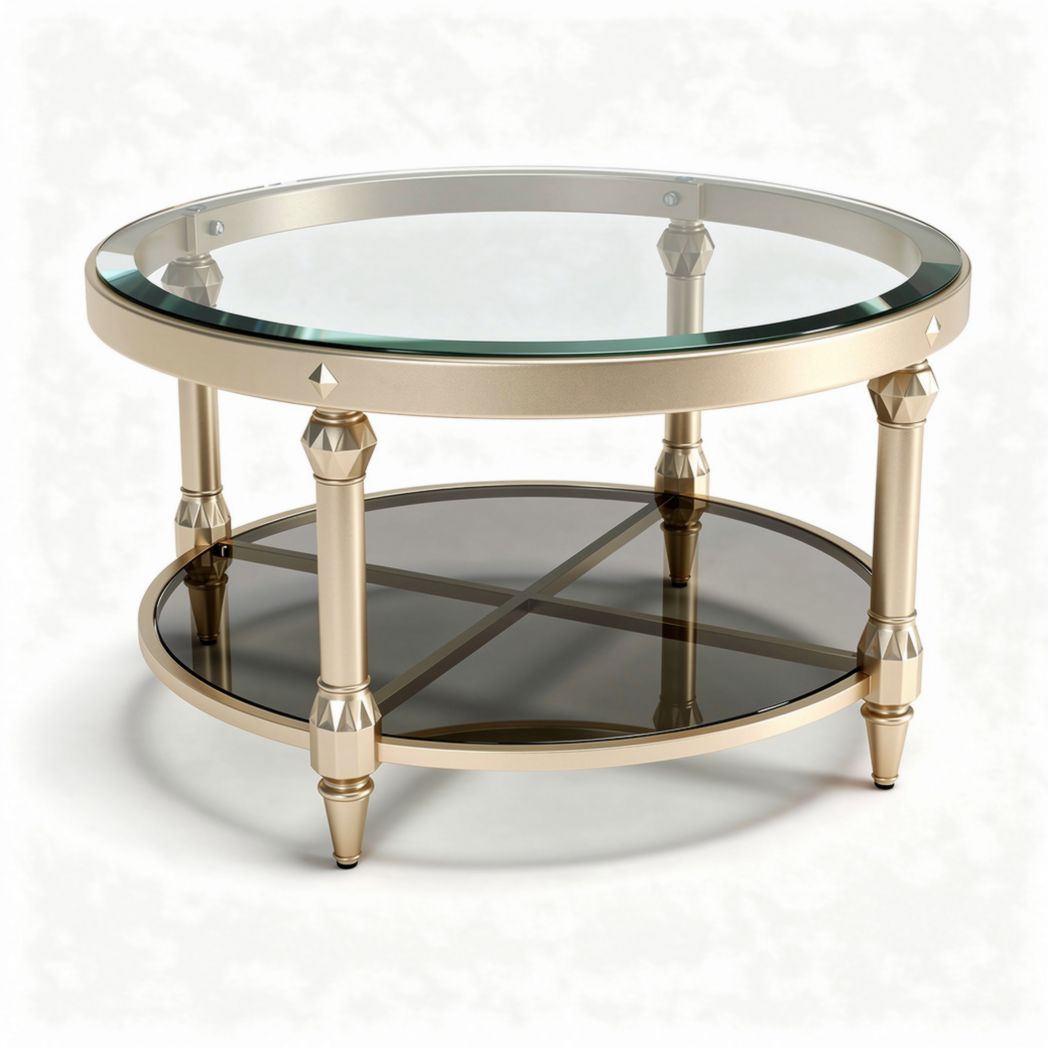 Glazen salontafel met gouden metalen poten en zwart glazen onderblad 80 x 80 x 40cm