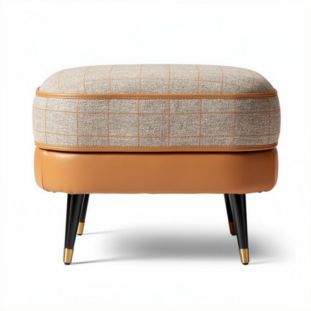 Hocker met stoffen zitting in een bruin leren afwerking 45 x 45 x 30cm