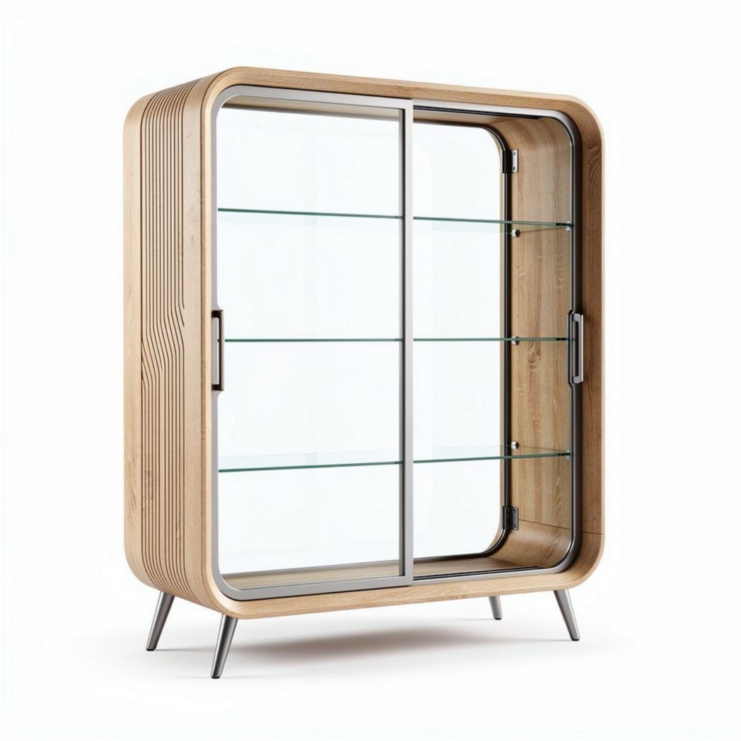 Glazen vitrinekast van hout met metalen poten 150 x 40 x 120cm